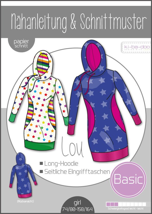 Papierschnittmuster Kibadoo Long-Hoodie Lou Gr. 74/80-158/164