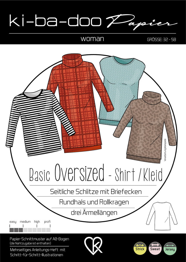 Papierschnittmuster Kibadoo Damen Basic Oversized Shirt/ Kleid Größe 32-58