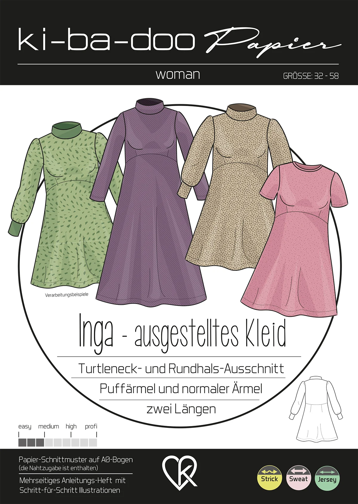 Papierschnittmuster Kibadoo Inga ausgestelltes Kleid Gr. 32-58