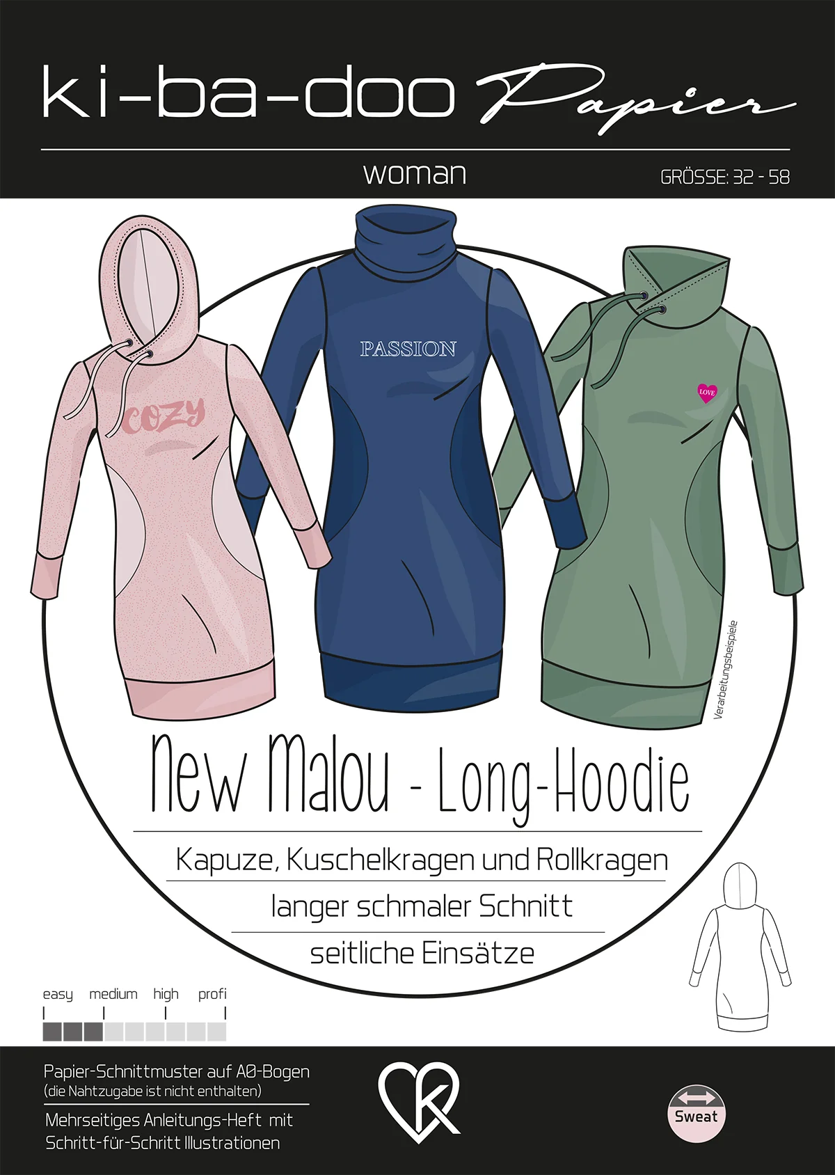 Papierschnittmuster Kibadoo New MAlou Damen-Long-Hoodie Gr. 32-58