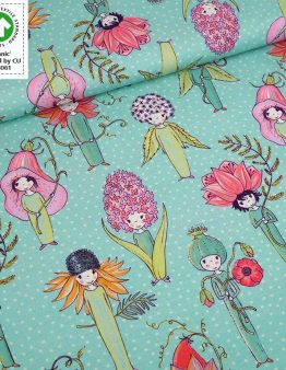Biojersey Susalabims Blumenleute grün von Stoffonkel Reststück 0,8 x 1,6m
