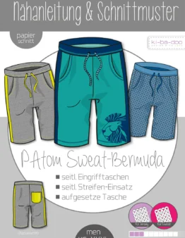 Sewing pattern and instructions for Bermuda shorts, showing three color versions (gray with yellow piping, teal with lion print, blue check) and size range Men XS–XXXL.