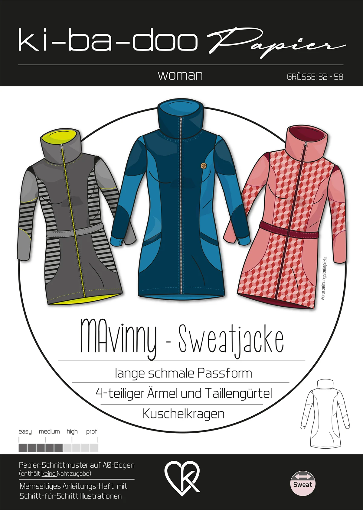 Pattern illustration for women's zip-front sweat jacket in three color schemes (gray, blue, pink) displayed in a circle; includes German title text 'Maviny - Sweatjacke'