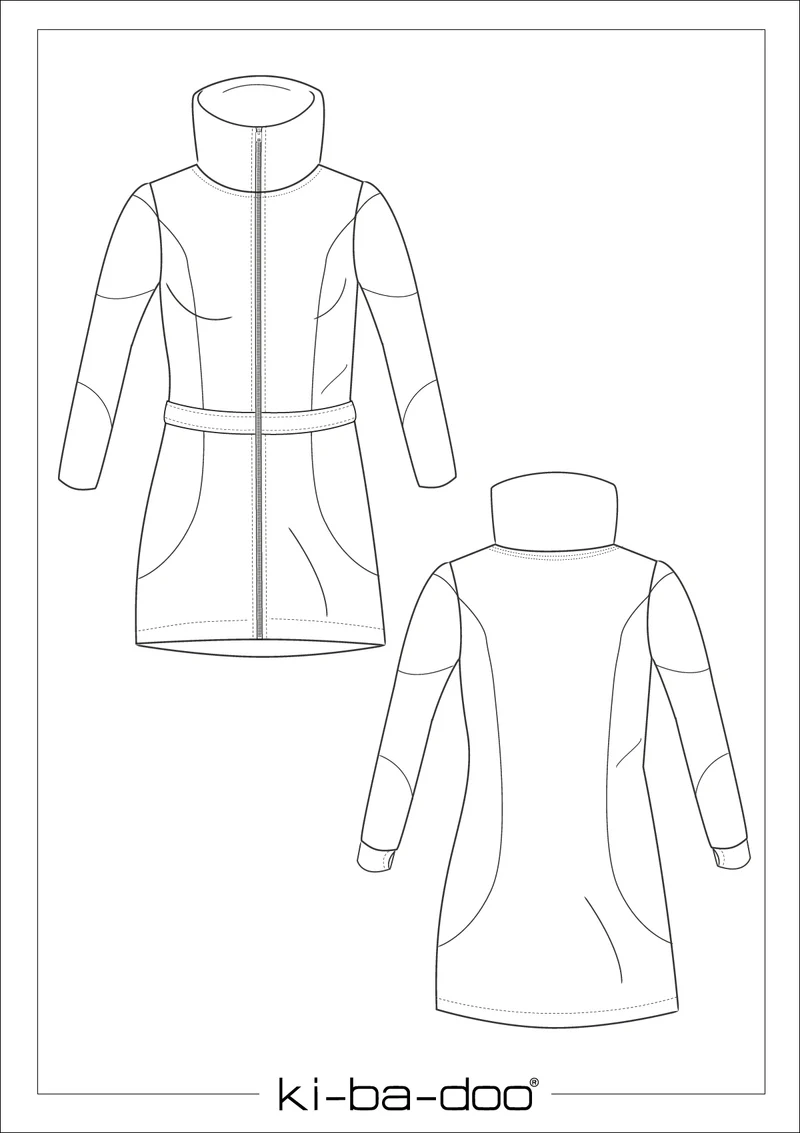 Technical fashion sketch of a knee-length coat with front zipper, belted waist, and high collar shown from both front and back.