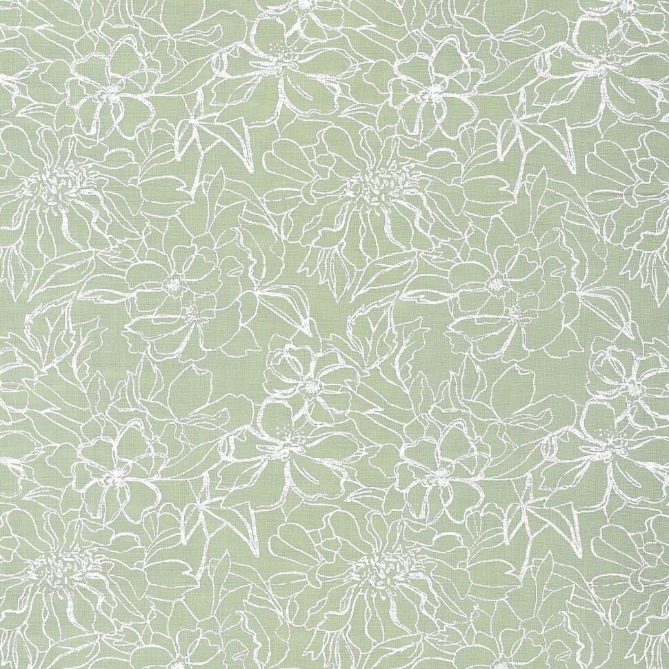 Intricate white floral lace pattern on a mint green fabric background.