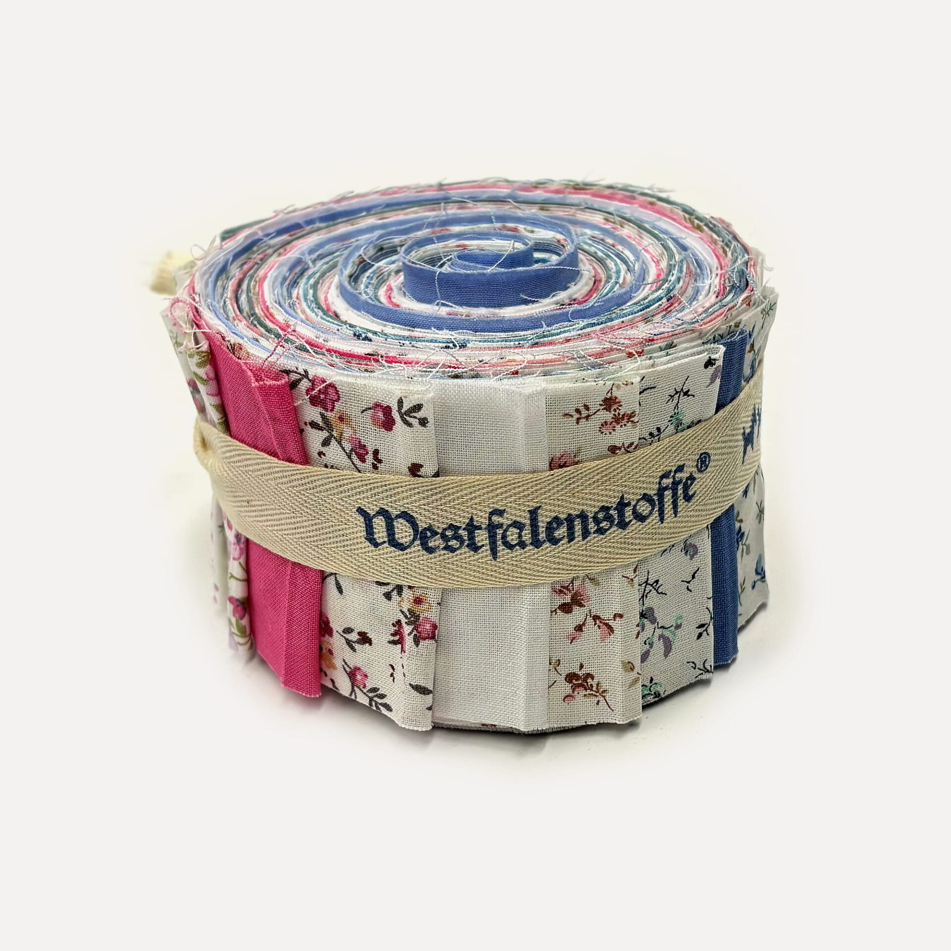 Rolled quilt made of colorful fabric strips, bound with a beige strap.