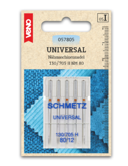 Close-up of a universal sewing-machine needle set in plastic holder on beige card with ruler on right and brand label, showing sizing 130/705 H NM 80 and blue packaging below