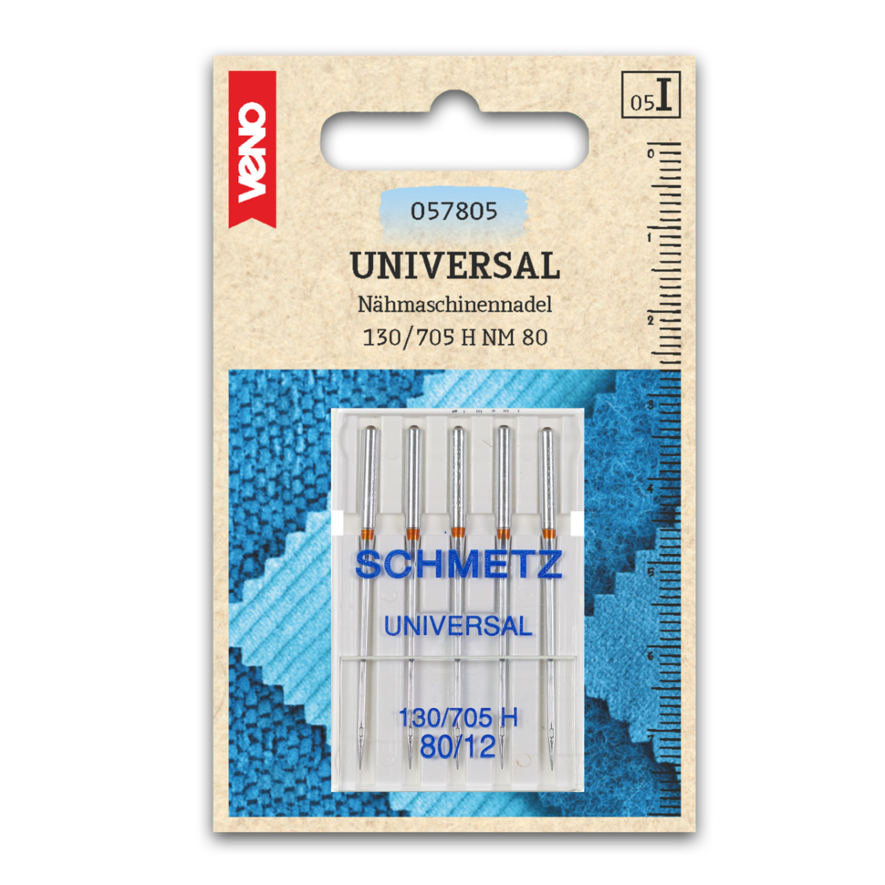 Close-up of a universal sewing-machine needle set in plastic holder on beige card with ruler on right and brand label, showing sizing 130/705 H NM 80 and blue packaging below