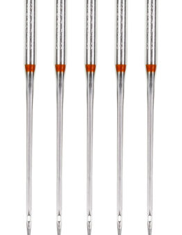 Five identical long glass thermometers with metallic caps and orange insulating bands, arranged vertically against a white background