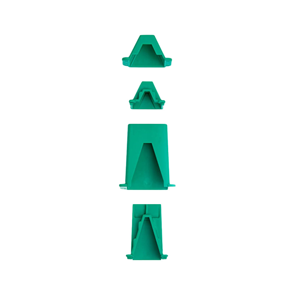 Four green plastic wedge supports in ascending sizes stacked vertically.