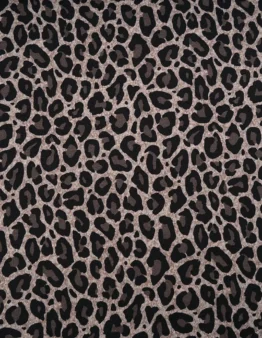 Leopard print pattern with black spots on a taupe background, repeating across the fabric design.