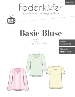 Cover image for Fadenkäfer Basic-Bluse Damen sewing pattern showing three pastel blouse designs (pink striped, mint, pale yellow). Size 32–58, medium difficulty.