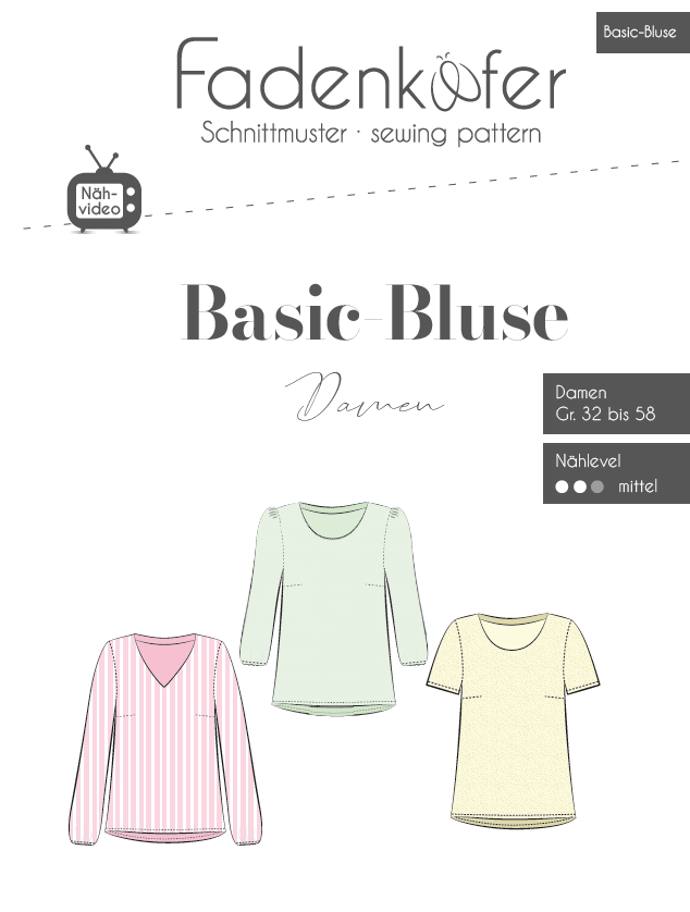 Cover image for Fadenkäfer Basic-Bluse Damen sewing pattern showing three pastel blouse designs (pink striped, mint, pale yellow). Size 32–58, medium difficulty.