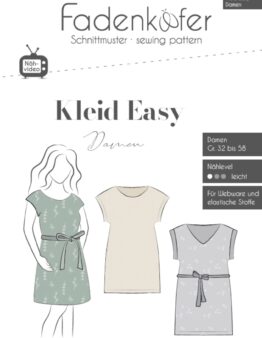 Logo and drawing of three knee-length dresses from 'Kleid Easy Damen' sewing pattern collection; green printed dress, beige dress, and grey printed dress with a belt.