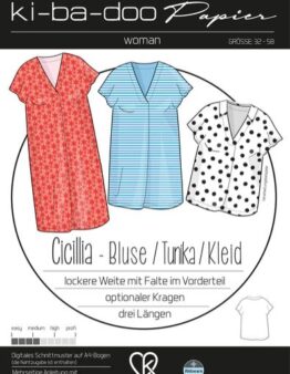 Ki-ba-doo sewing pattern cover: three women's tops (red floral, blue striped blouse, white with black polka dots) labeled Cicilia – Bluse / Tunika / Kleid.