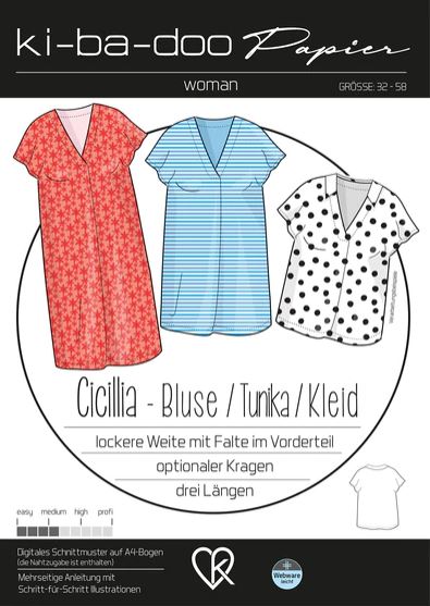 Ki-ba-doo sewing pattern cover: three women's tops (red floral, blue striped blouse, white with black polka dots) labeled Cicilia – Bluse / Tunika / Kleid.