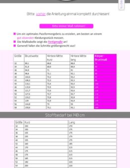 German sizing guide page with a pink-highlighted size chart and a second table labeled Stoffbedarf bei 140 cm, plus instructional text.