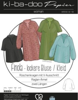 Pattern cover for ki-ba-doo Papier: four loose blouses and a dress in pink, green, teal, and black, with V-neck and raglan sleeves.