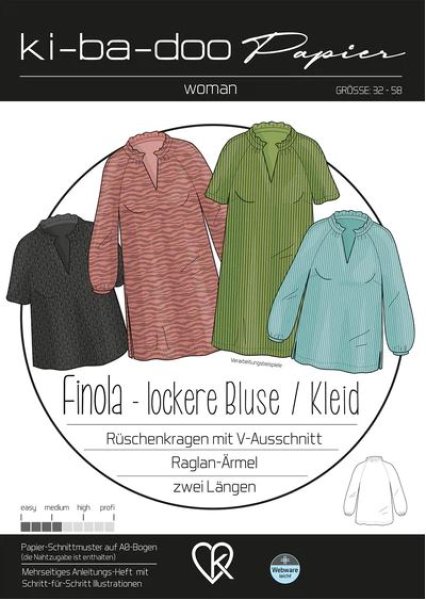 Pattern cover for ki-ba-doo Papier: four loose blouses and a dress in pink, green, teal, and black, with V-neck and raglan sleeves.