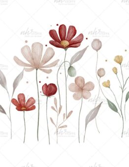 Watercolor illustration of colorful wildflowers with slender stems on a white background.