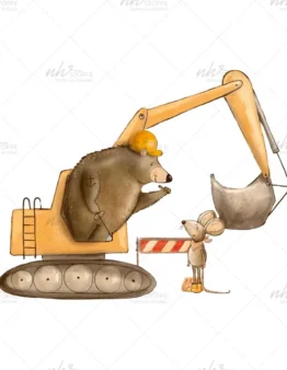 Bear in a yellow hard hat operates a yellow excavator bucket while a small mouse watches by a construction barrier.