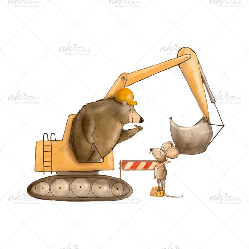 Bear in a yellow hard hat operates a yellow excavator bucket while a small mouse watches by a construction barrier.