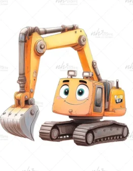 Cheerful cartoon excavator with a digging bucket on tracks, smiling face and big blue eyes