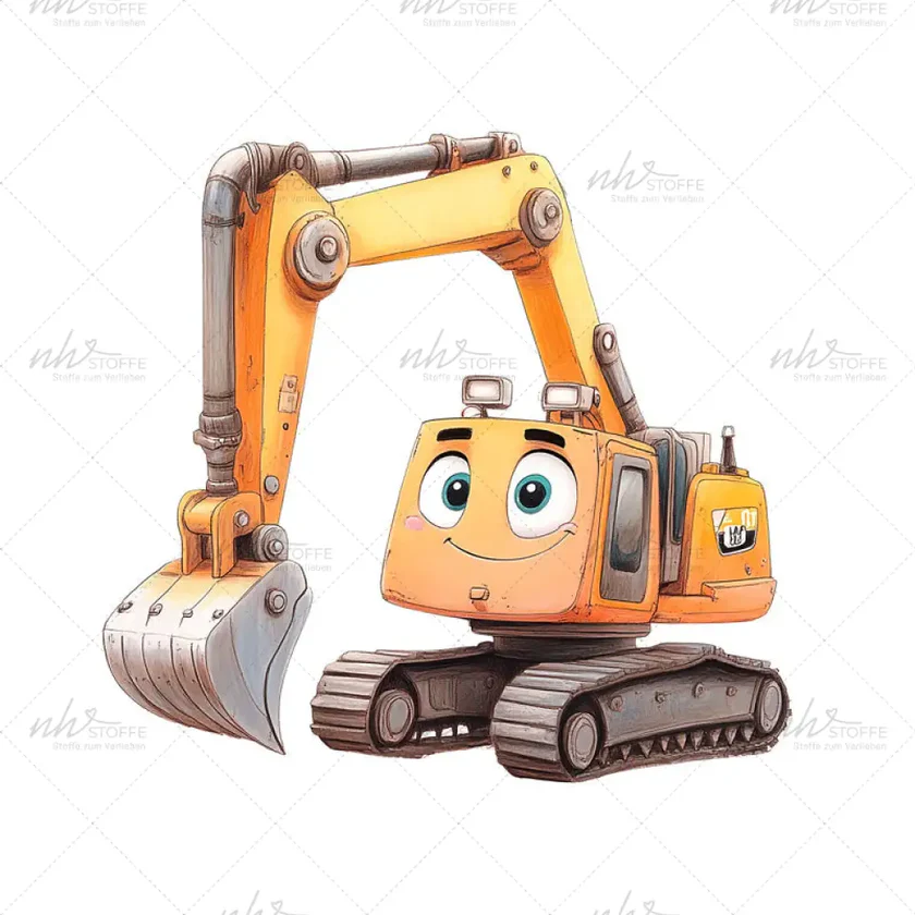 Cheerful cartoon excavator with a digging bucket on tracks, smiling face and big blue eyes