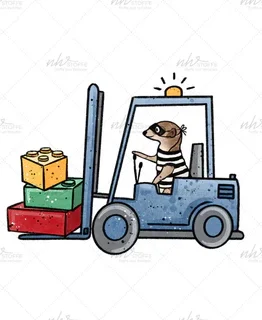Cartoon blue forklift driven by a dog, lifting a pallet of colorful bricks (yellow, green, red) with a small sun above the cab.