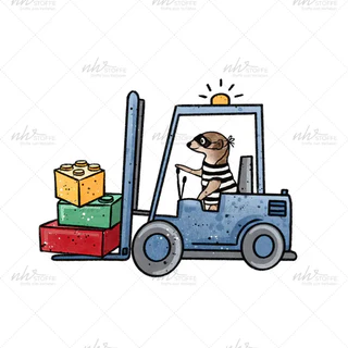 Cartoon blue forklift driven by a dog, lifting a pallet of colorful bricks (yellow, green, red) with a small sun above the cab.