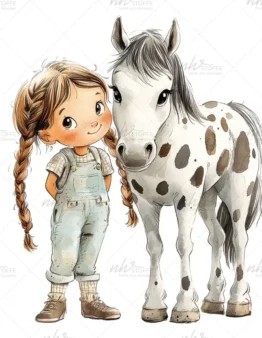 A young girl with braided hair standing beside a white-spotted pony in a friendly illustration.