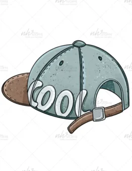Cartoon blue-green baseball cap viewed from the back with a brown strap and the word 'cool' on the back panels, decorative stitching visible.