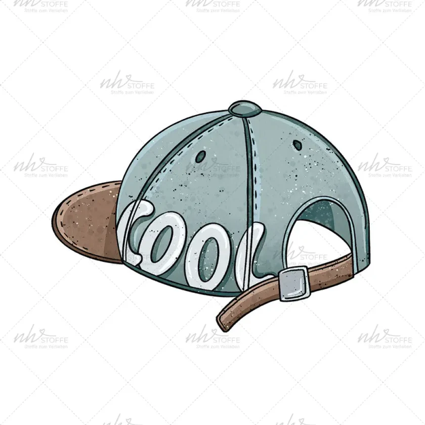 Cartoon blue-green baseball cap viewed from the back with a brown strap and the word 'cool' on the back panels, decorative stitching visible.