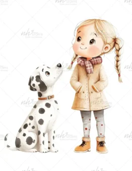 Illustration of a young girl with blonde braids in a tan coat, standing beside a Dalmatian puppy and smiling at it.