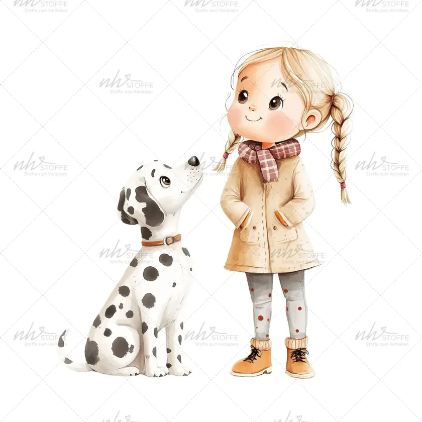 Illustration of a young girl with blonde braids in a tan coat, standing beside a Dalmatian puppy and smiling at it.