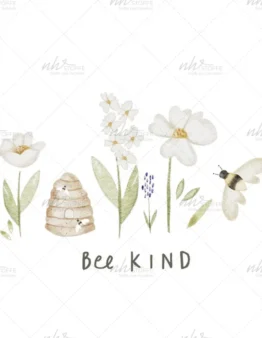 Watercolor illustration of flowers with a beehive and a bee, and the words 'Be Kind' beneath.