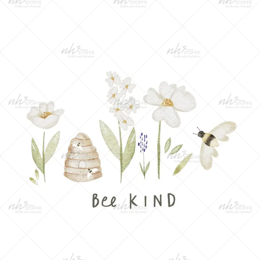Watercolor illustration of flowers with a beehive and a bee, and the words 'Be Kind' beneath.