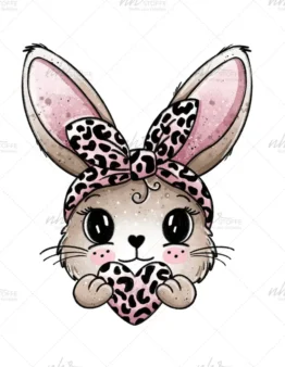 Cute cartoon bunny with a pink leopard-print bow holding a leopard-print heart.