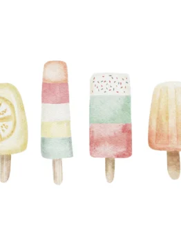Watercolor illustration of four pastel popsicles on wooden sticks arranged in a row: lemon slice, striped rainbow, sprinkle-topped, and peach-colored popsicle.
