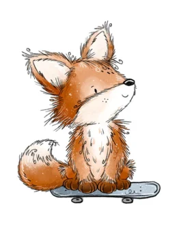 Cute orange fox cub sitting on a skateboard, eyes closed and smiling.