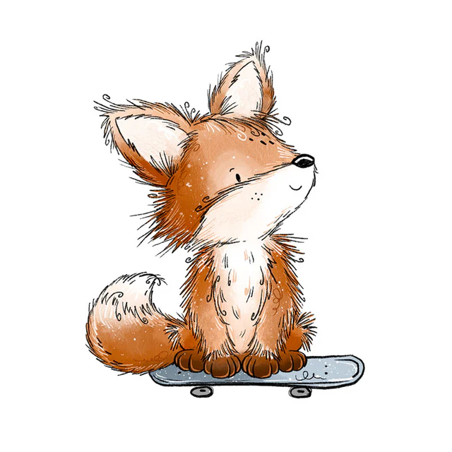 Cute orange fox cub sitting on a skateboard, eyes closed and smiling.