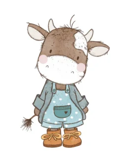 Cute cartoon cow wearing blue overalls and orange boots, standing with a gentle expression.