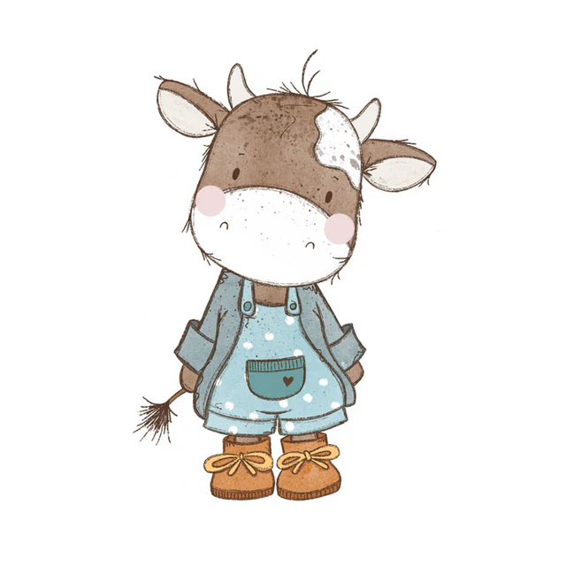Cute cartoon cow wearing blue overalls and orange boots, standing with a gentle expression.