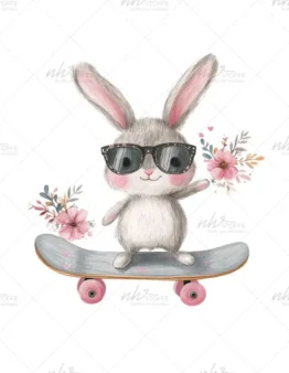 Cute grey bunny wearing sunglasses, riding a skateboard with pink wheels, holding flowers on each side.
