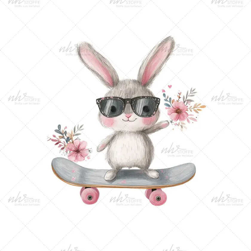 Cute grey bunny wearing sunglasses, riding a skateboard with pink wheels, holding flowers on each side.