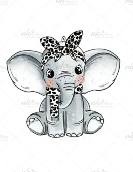 Cute baby elephant with leopard-print bow on head and wrapped trunk detail; sitting upright with pink cheeks.