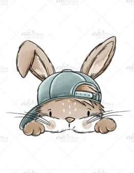 Cute cartoon bunny peeking over a surface, wearing a blue backwards baseball cap.