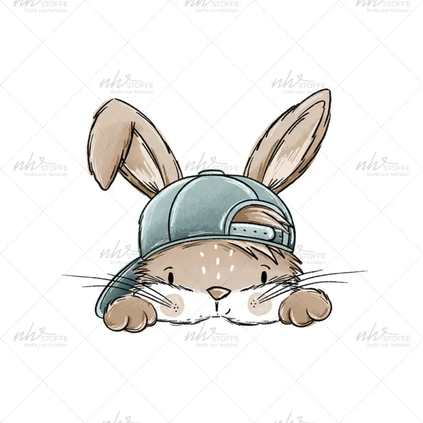 Cute cartoon bunny peeking over a surface, wearing a blue backwards baseball cap.