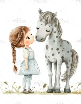 Illustration of a young girl with a braided hairdo facing a gray spotted horse, both calm and gentle."