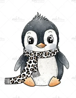 Cute cartoon penguin wearing a leopard-print scarf and orange feet, facing forward.